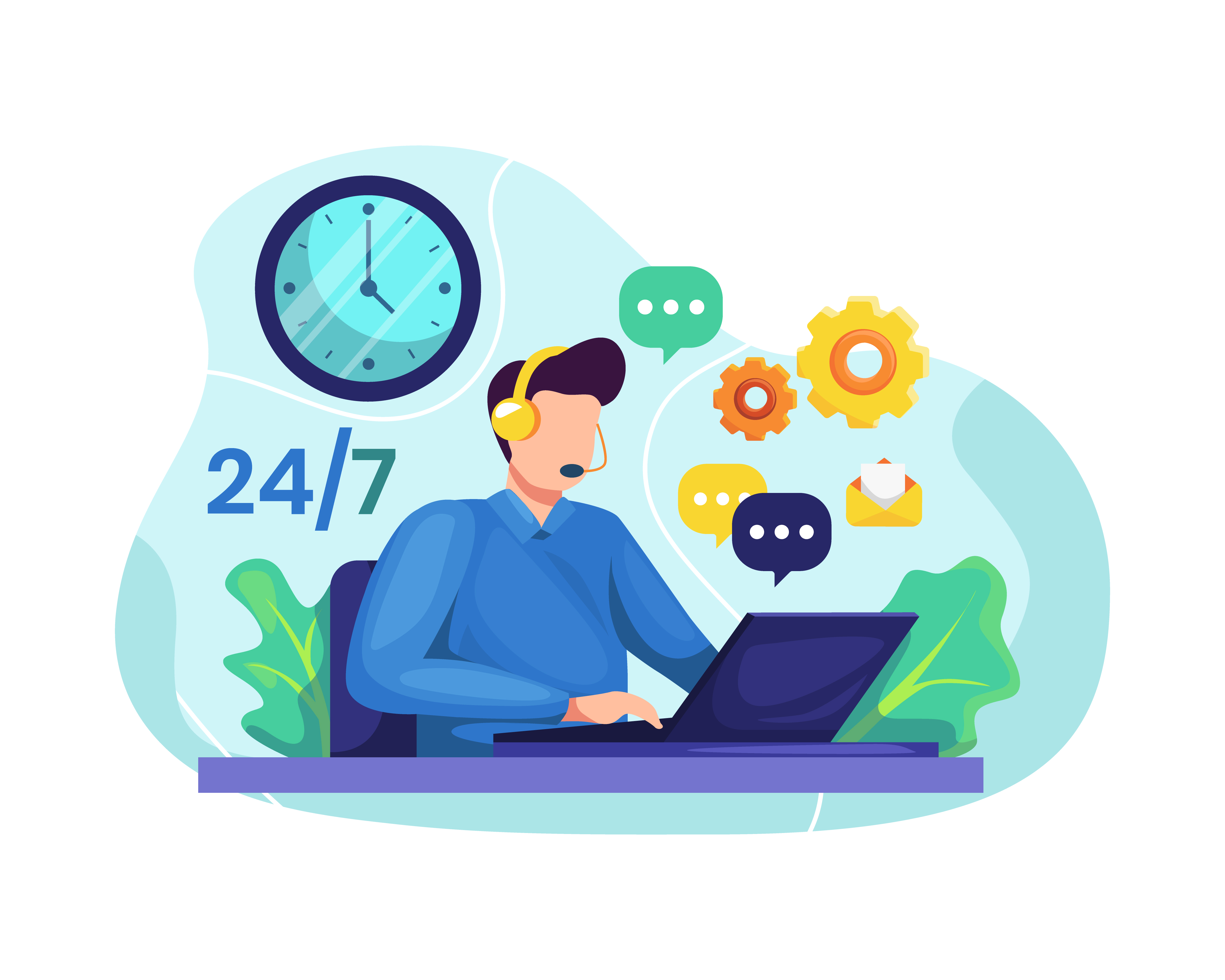 A customer service representative wearing a headset and sitting at a desk with a laptop, working 24/7. There are a clock, gears, and chat bubbles around them.